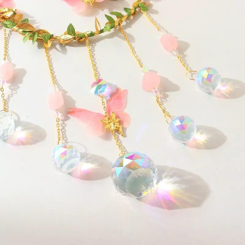 Crystal Moon Suncatcher – Pink Flower & Butterfly Window Décor