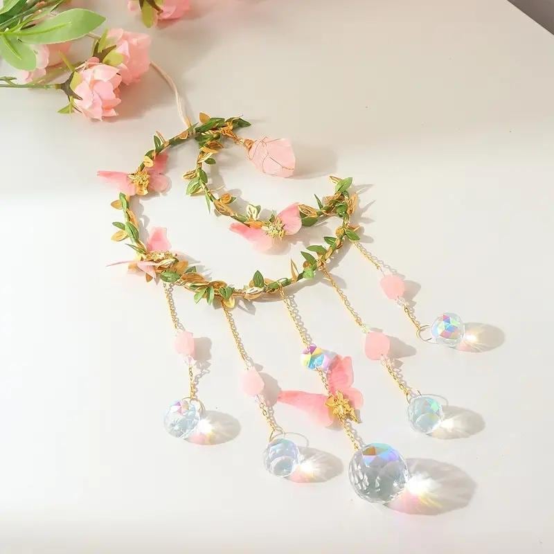 Crystal Moon Suncatcher – Pink Flower & Butterfly Window Décor