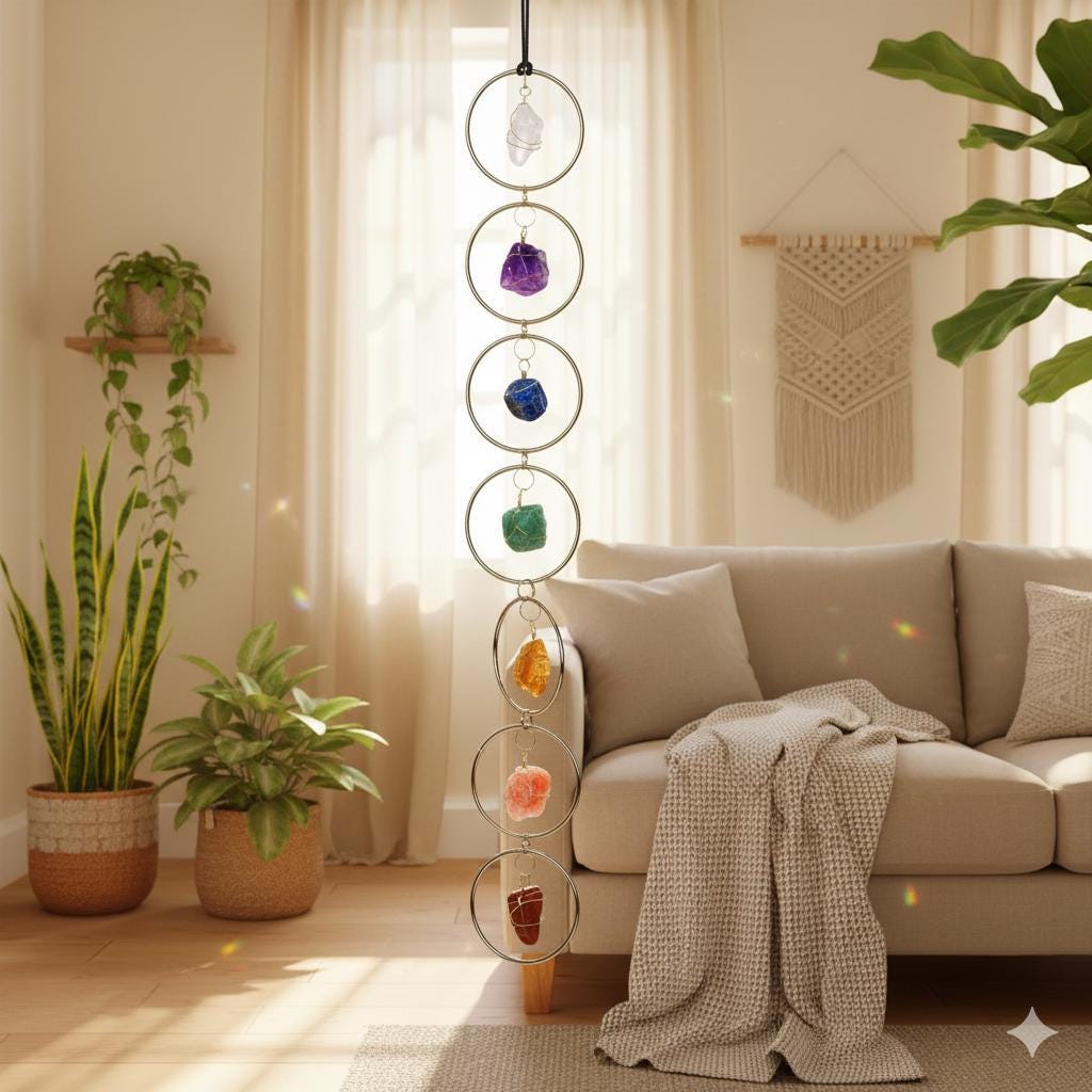 7 Chakra Crystal Hanging: Natural Stones, Boho Home Decor