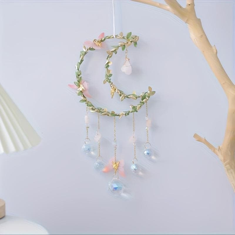Crystal Moon Suncatcher – Pink Flower & Butterfly Window Décor