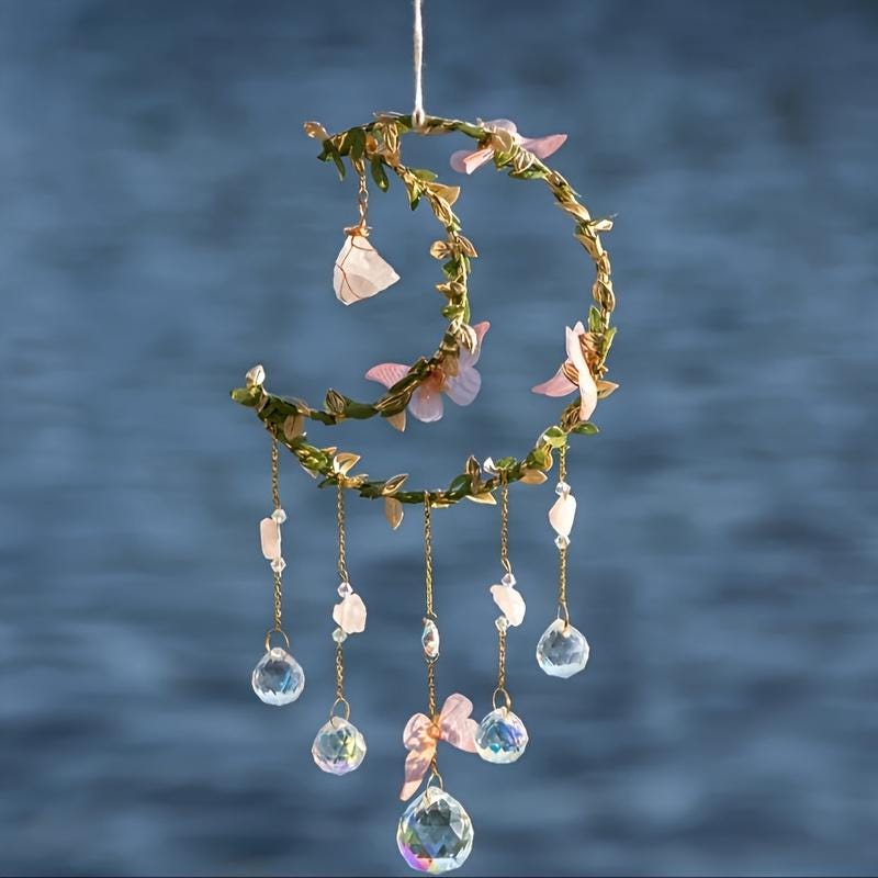Crystal Moon Suncatcher – Pink Flower & Butterfly Window Décor