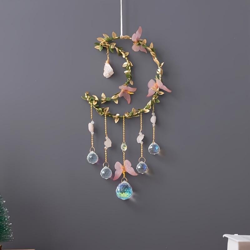 Crystal Moon Suncatcher – Pink Flower & Butterfly Window Décor