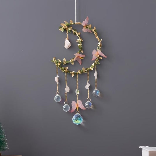 Crystal Moon Suncatcher – Pink Flower & Butterfly Window Décor