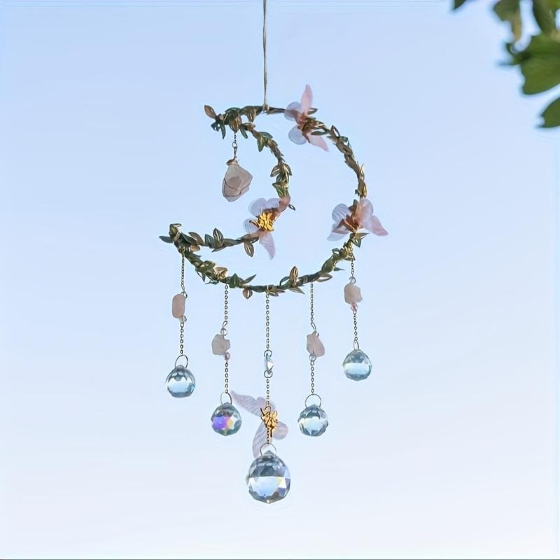 Crystal Moon Suncatcher – Pink Flower & Butterfly Window Décor