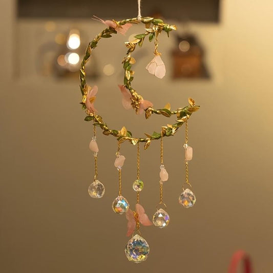 Crystal Moon Suncatcher – Pink Flower & Butterfly Window Décor