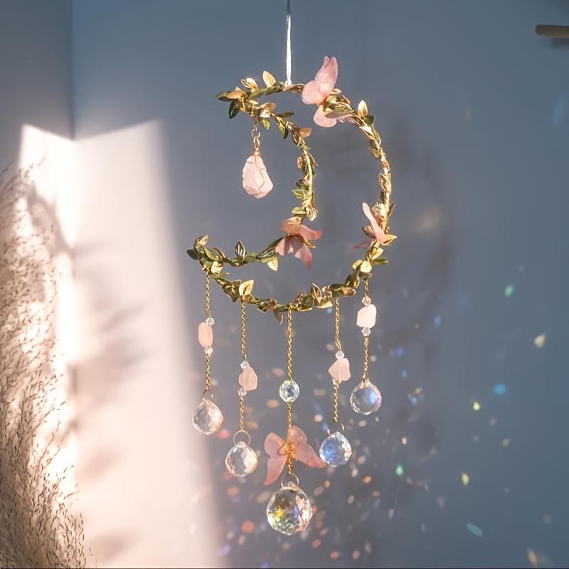 Crystal Moon Suncatcher – Pink Flower & Butterfly Window Décor