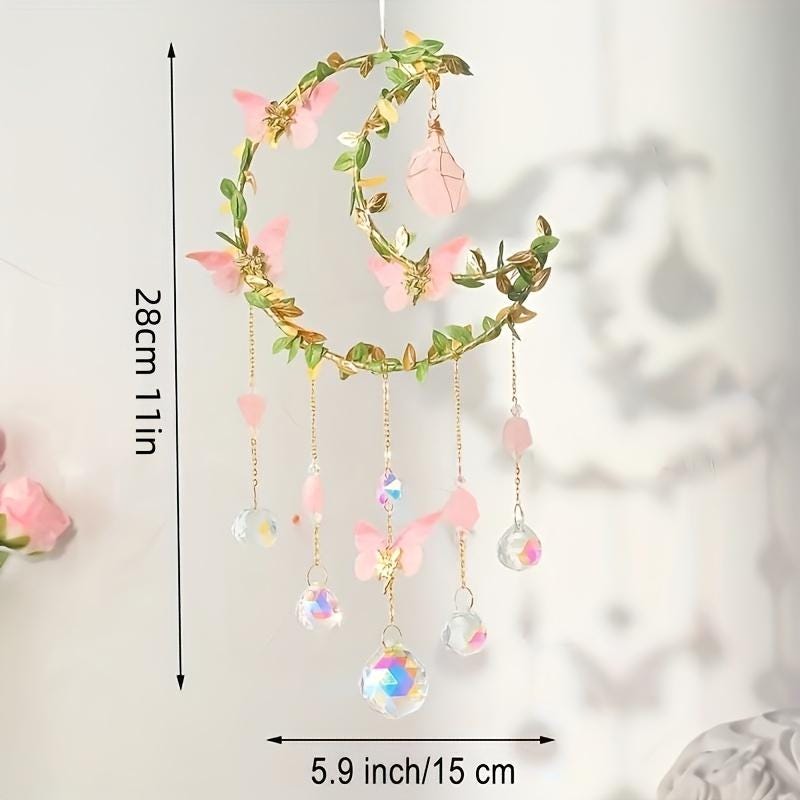 Crystal Moon Suncatcher – Pink Flower & Butterfly Window Décor