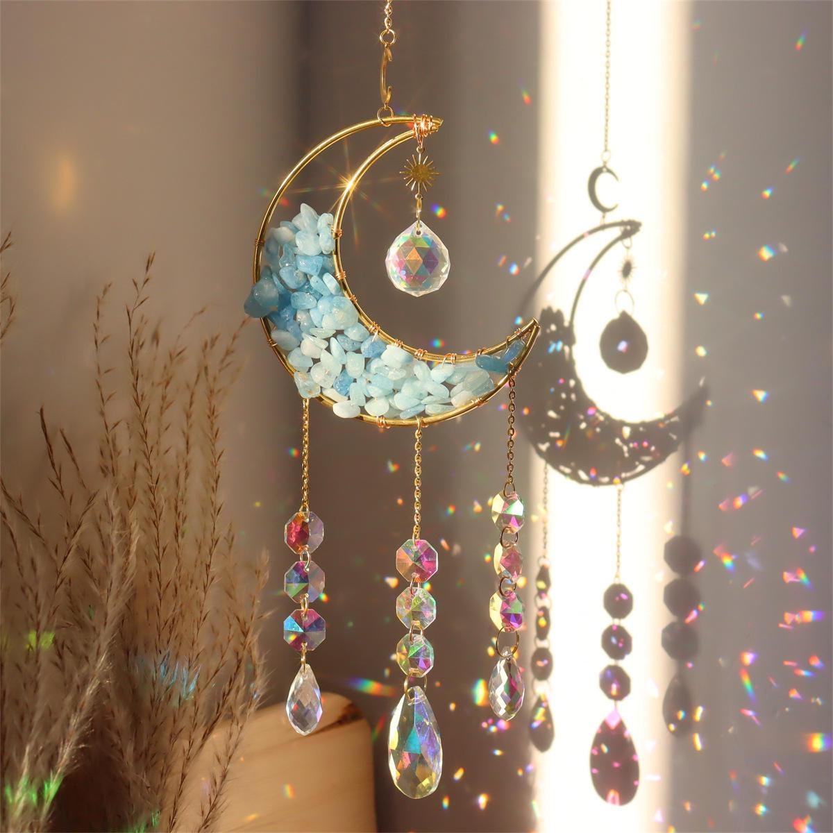 Crystal Moon Suncatcher: Boho Rainbow Maker Home Decor